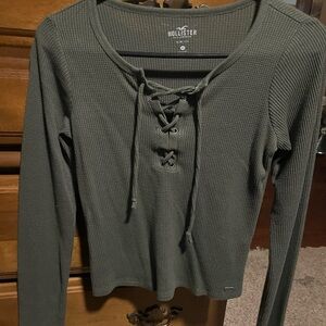 Hollister Women's Olive Lace-Up Long Sleeve Top
